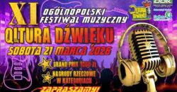 Plakat XI Ogólnopolskiego Festiwalu Muzycznego Qltura Dźwięku w Dębnie z datą 21 marca 2026, motywem mikrofonu i informacją o nagrodach