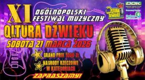 Plakat XI Ogólnopolskiego Festiwalu Muzycznego Qltura Dźwięku w Dębnie z datą 21 marca 2026, motywem mikrofonu i informacją o nagrodach