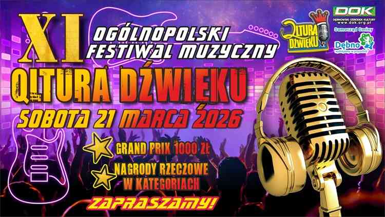 Plakat XI Ogólnopolskiego Festiwalu Muzycznego Qltura Dźwięku w Dębnie z datą 21 marca 2026, motywem mikrofonu i informacją o nagrodach