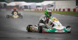 Alex Rogowski numer 202 AMO Racing Team w deszczu podczas Kartingowych Mistrzostw Polski w Bydgoszczy