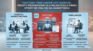 Infografika porównująca trzy modele obsługi marketingu: agencja marketingowa, FastTony i freelancer — zestawienie kosztów, czasu i zasobów