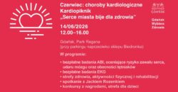 Plakat Kardiopikniku „Serce miasta bije dla zdrowia" — Gdańsk, Park Reagana, 14 czerwca 2026, godz. 12:00–16:00, bezpłatne badania ABI i EKG, spotkanie z Jackiem Rozenkiem