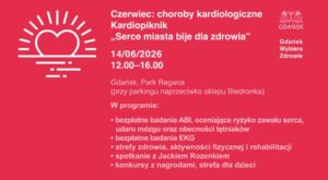 Plakat Kardiopikniku „Serce miasta bije dla zdrowia" — Gdańsk, Park Reagana, 14 czerwca 2026, godz. 12:00–16:00, bezpłatne badania ABI i EKG, spotkanie z Jackiem Rozenkiem