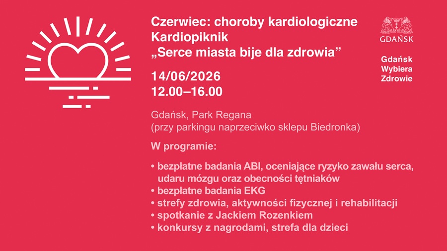 Plakat Kardiopikniku „Serce miasta bije dla zdrowia" — Gdańsk, Park Reagana, 14 czerwca 2026, godz. 12:00–16:00, bezpłatne badania ABI i EKG, spotkanie z Jackiem Rozenkiem