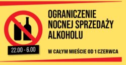 Oficjalny baner informacyjny Urzędu m.st. Warszawy o ograniczeniu nocnej sprzedaży alkoholu w godzinach 22:00–6:00 w całym mieście od 1 czerwca 2026 roku. Żółte tło, znak zakazu z butelkami alkoholu.
