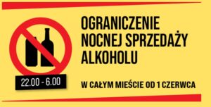 Oficjalny baner informacyjny Urzędu m.st. Warszawy o ograniczeniu nocnej sprzedaży alkoholu w godzinach 22:00–6:00 w całym mieście od 1 czerwca 2026 roku. Żółte tło, znak zakazu z butelkami alkoholu.