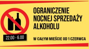 Oficjalny baner informacyjny Urzędu m.st. Warszawy o ograniczeniu nocnej sprzedaży alkoholu w godzinach 22:00–6:00 w całym mieście od 1 czerwca 2026 roku. Żółte tło, znak zakazu z butelkami alkoholu.
