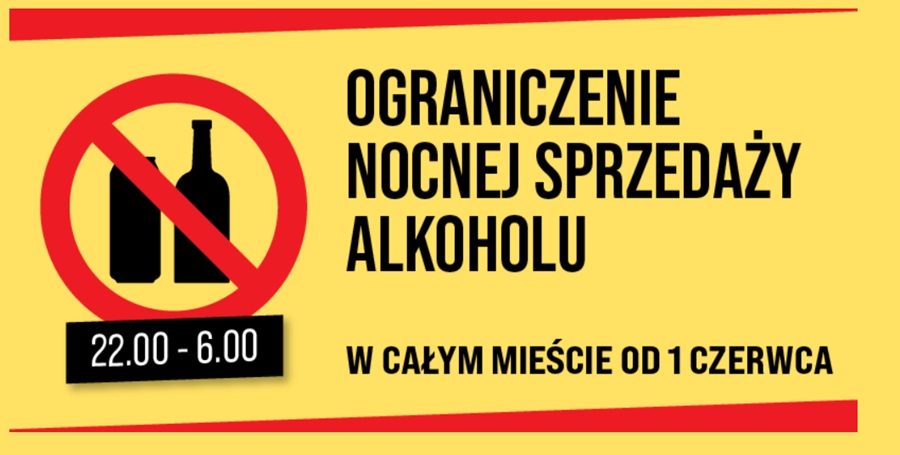 Oficjalny baner informacyjny Urzędu m.st. Warszawy o ograniczeniu nocnej sprzedaży alkoholu w godzinach 22:00–6:00 w całym mieście od 1 czerwca 2026 roku. Żółte tło, znak zakazu z butelkami alkoholu.