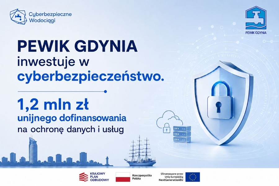 Infografika PEWIK Gdynia - inwestycja w cyberbezpieczeństwo 1,2 mln zł dofinansowania z KPO w ramach programu Cyberbezpieczne Wodociągi