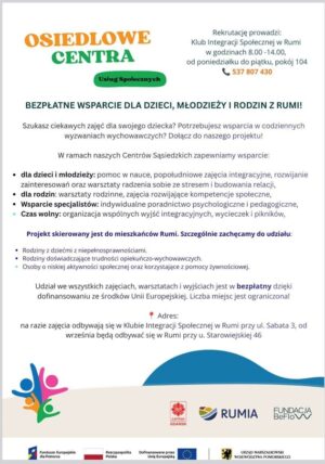 Plakat informacyjny projektu Osiedlowe Centra Usług Społecznych w Rumi