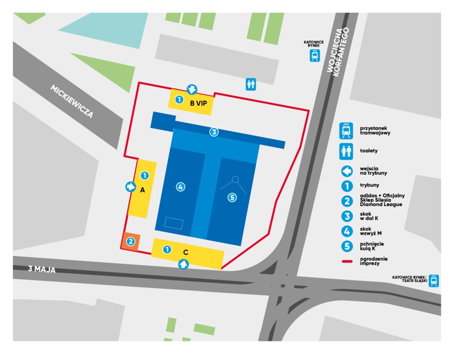 Mapa dojazdu i trybun na lekkoatletykę na Rynku w Katowicach