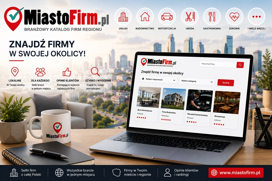 MiastoFirm.pl - katalog firm z wyszukiwarką według miejscowości i kategorii, z podziałem na usługi, budownictwo, motoryzację, urodę, gastronomię i zdrowie