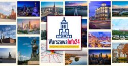Kolaż zdjęć Warszawy — panoramy, zabytki i Wisła — z logo WarszawaInfo24 i hasłem „Twoja Warszawa, Twoja Dzielnica"