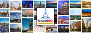 Kolaż zdjęć Warszawy — panoramy, zabytki i Wisła — z logo WarszawaInfo24 i hasłem „Twoja Warszawa, Twoja Dzielnica"